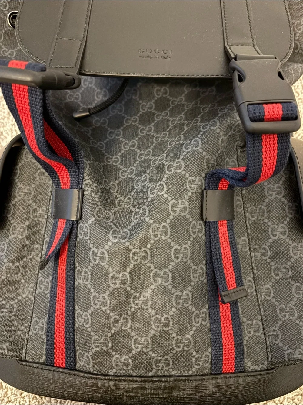 Brand New Gucci  Black GG Supreme Backpack with Red and Blue Web Straps